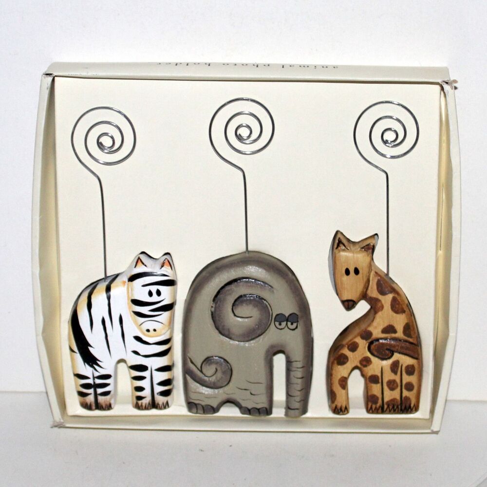 Pier 1 set 3 Animal Photo Holder wood hand painted decor elephant zebra giraffe